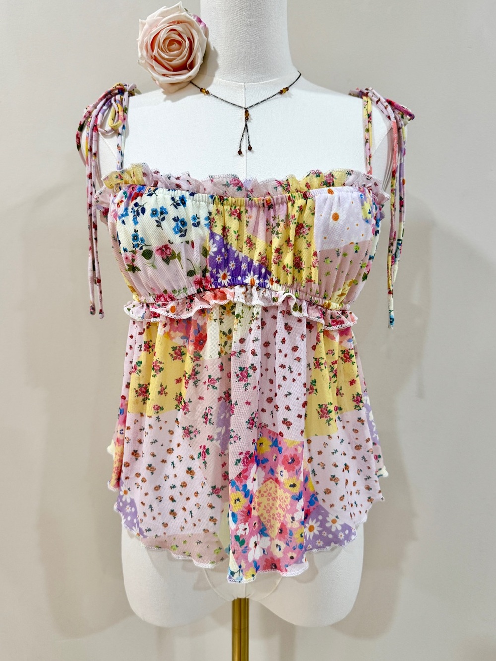 Floral Patchwork Mesh Crop Top Cottagecore Coquette Fairycore Babydoll S/M
